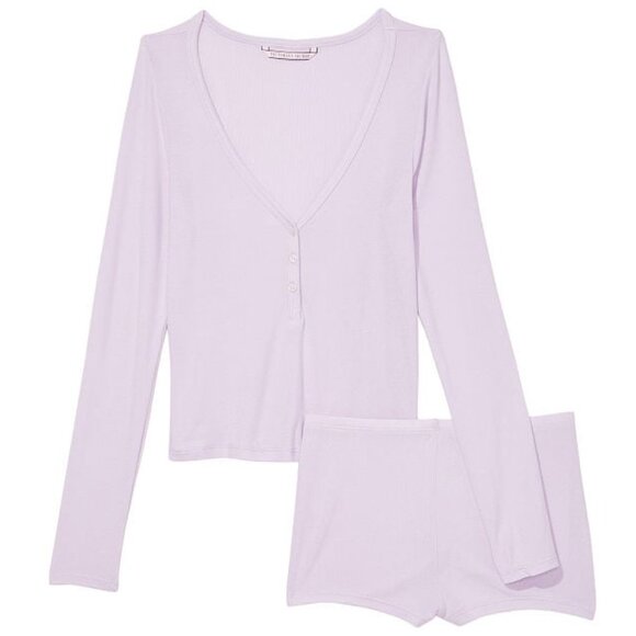 VICTORIA'S SECRET L Ribbed Modal Henley Short Pajama Set Purple So Comfy NWT - Picture 9 of 12